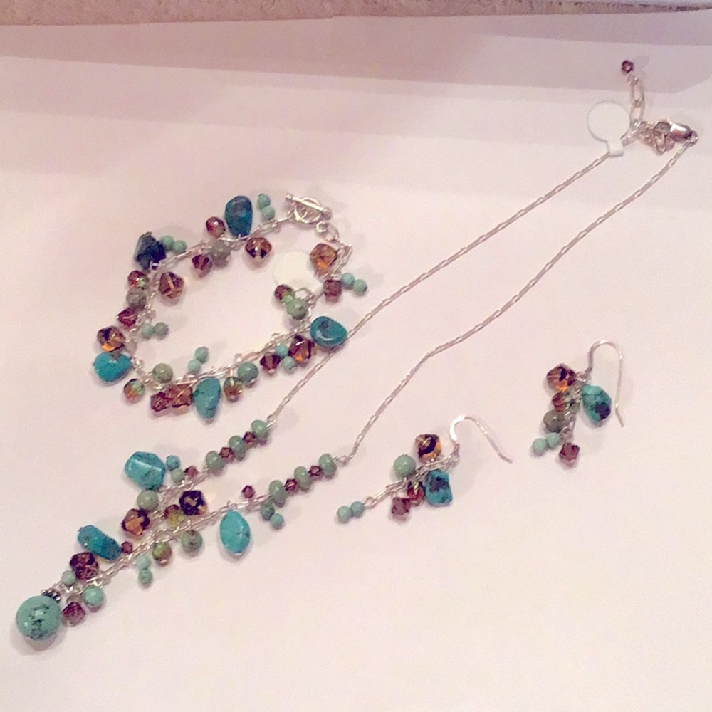 New 3 Piece Sterling Silver Turquoise & Crystal Set